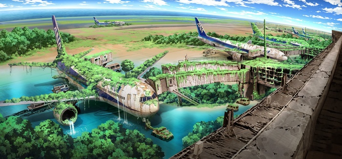 Abandoned aircraft overgrown with plants at an airport