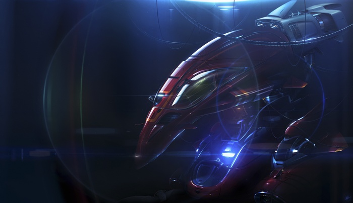 Red futuristic robot with blue lights and wires