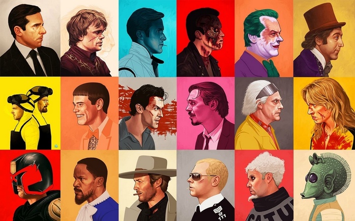 Movie Characters Collage: Joker, Terminator, Back to the Future, Kill Bill
