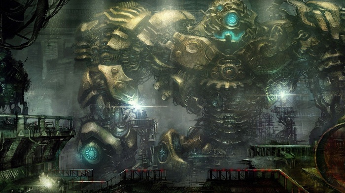 Massive steampunk robot in a dark industrial setting