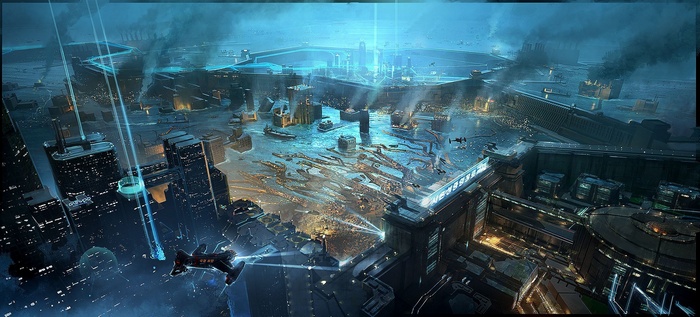 Neo Seoul futuristic cityscape with flying vehicles