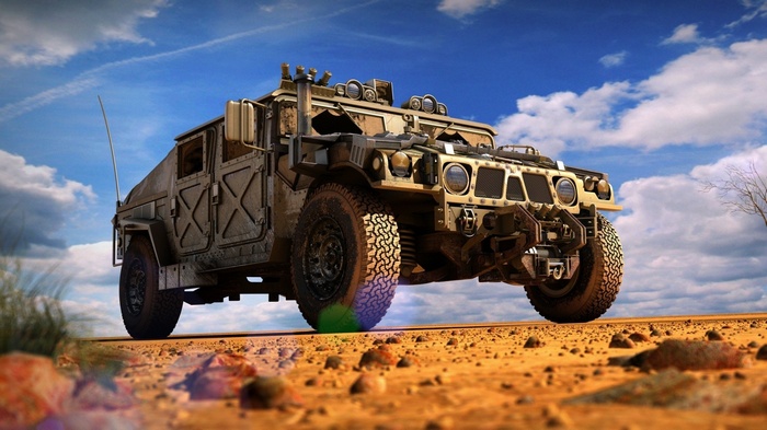 Military HMMWV vehicle in a desert landscape
