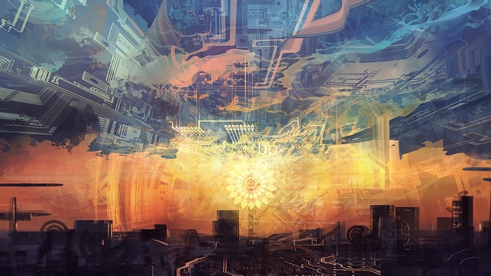 Android Jones artwork with circuits and city