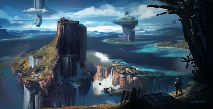 Halo 4 concept art of a futuristic island landscape