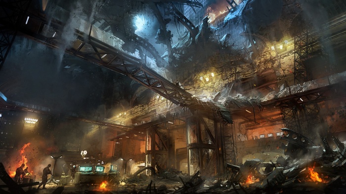 Marek Okon's artwork of a destroyed futuristic city interior