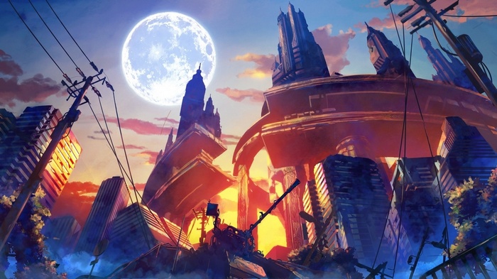Anime city with a large moon and destruction