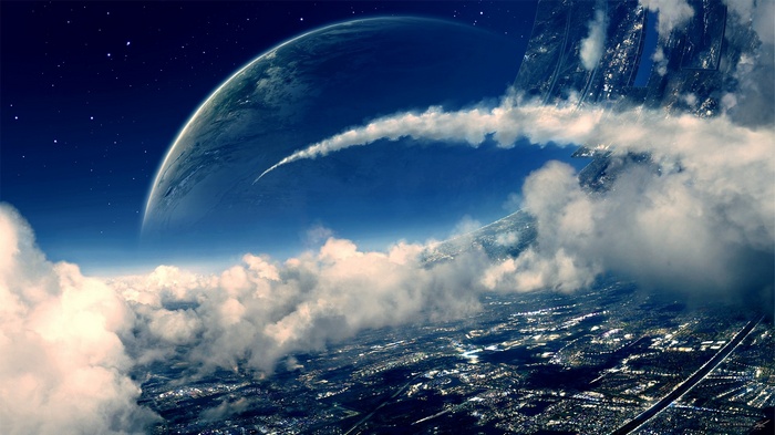 Futuristic city on a planet with a large ring structure