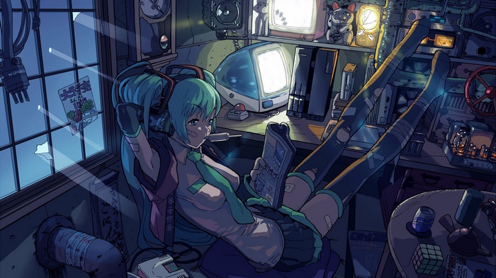 Hatsune Miku in a futuristic room with computers