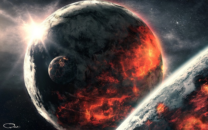Apocalyptic planets in space with a bright sun