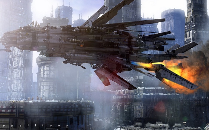 Futuristic spaceship flying over a science fiction city