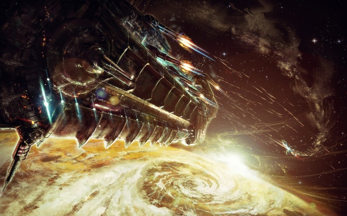 Spaceship war above a planet