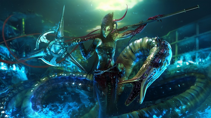 Fantasy girl with a snake tail and a weapon