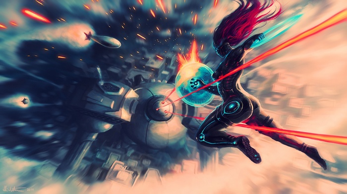 Android woman in battle with energy weapons
