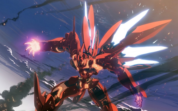 Red Xenogears robot with glowing energy