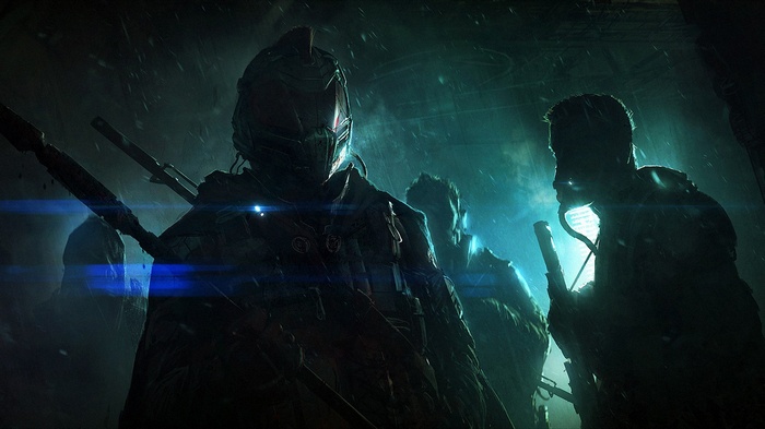Soldiers in futuristic armor in a dark, rainy environment