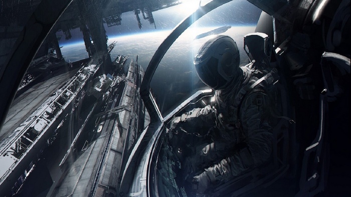 Astronaut in a spaceship cockpit overlooking Earth