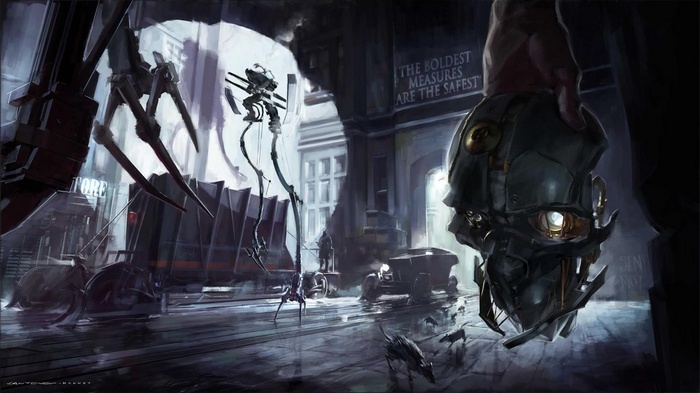 Dishonored artwork of a mask and mechanical creatures
