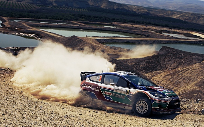 Ford rally car kicking up dust in a desert landscape