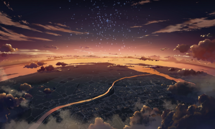 Anime cityscape at sunset with stars