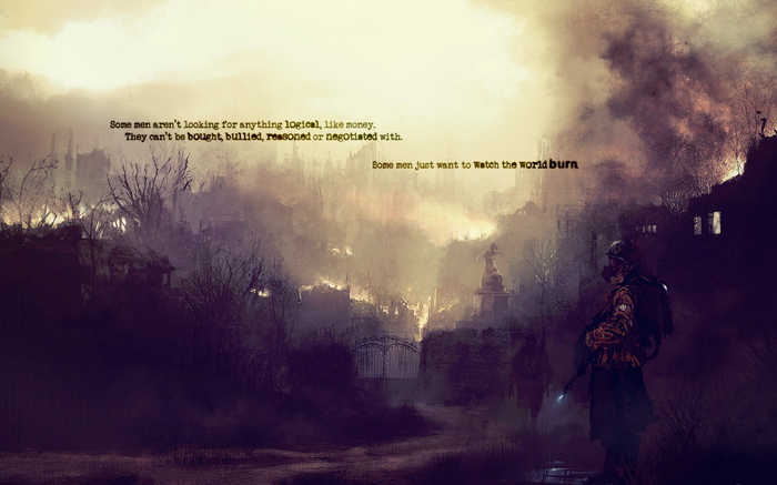 Apocalyptic scene with a soldier watching the world burn