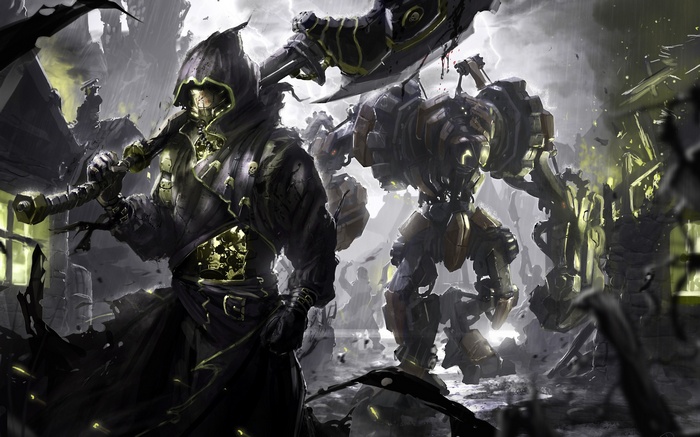 Steampunk warrior and mech in a dark, rainy city