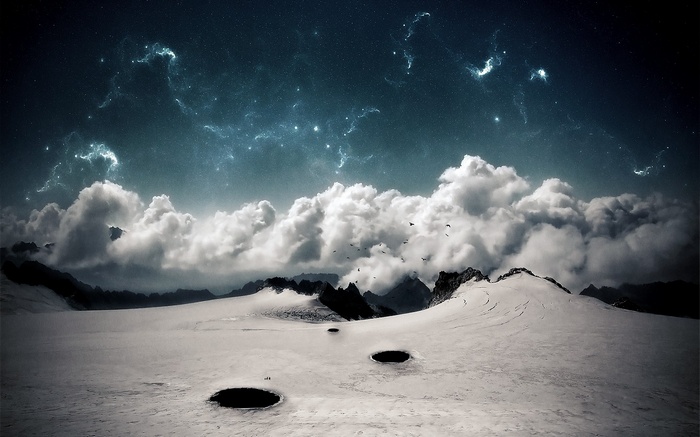 Space art with mountains, clouds, and stars