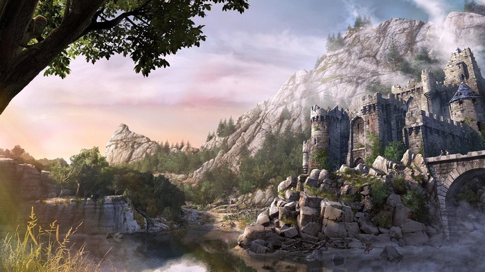 Fantasy castle on a rocky mountain by a river