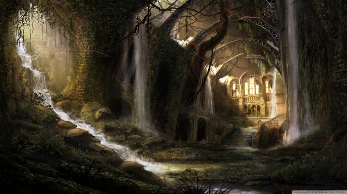 Abandoned fantasy ruins with waterfalls and flowers