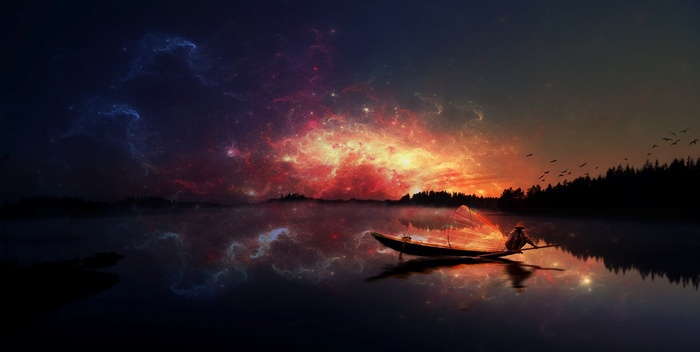 Fisherman on a boat under a colorful galaxy sky
