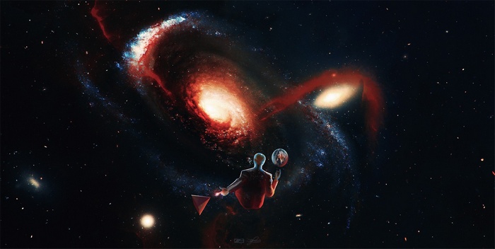 Man juggling planets in front of a galaxy