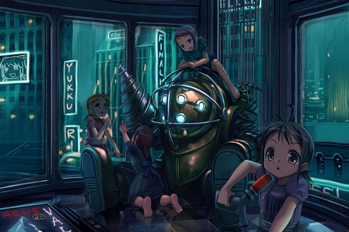 Big Daddy and Little Sisters in BioShock