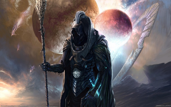 Fantasy warrior with staff and planets in background