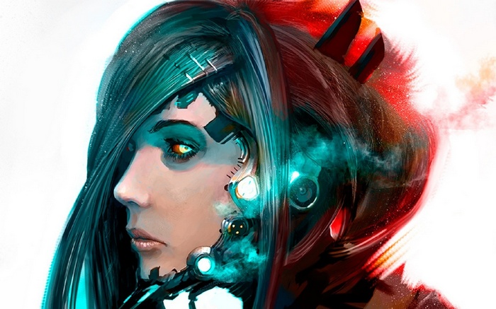 Cyborg woman with glowing eyes and mechanical implants