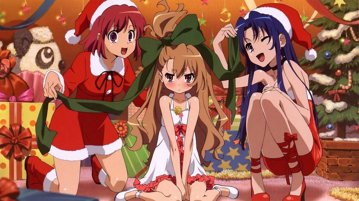 Toradora! characters in Santa costumes with gifts