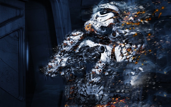 Stormtrooper disintegrating with sparks and smoke