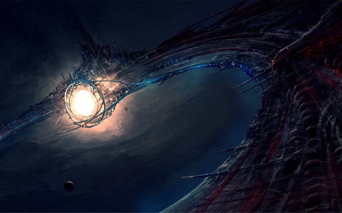 Futuristic space station with a bright central core