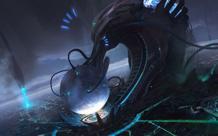 Science fiction artwork of a futuristic city and alien structure
