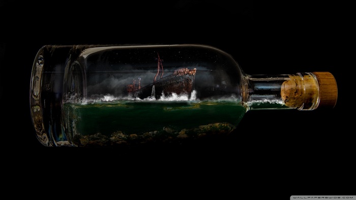 Ship in a bottle with stormy seas