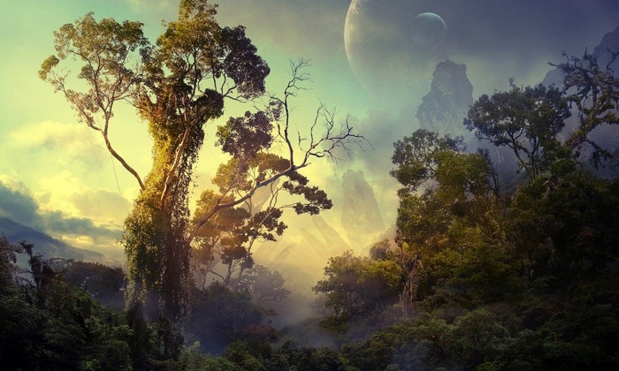 Fantasy jungle with a large planet in the sky