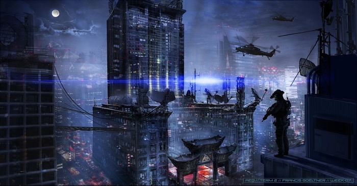 Francis Goeltner's Futuristic Cityscape with Helicopters and Soldier