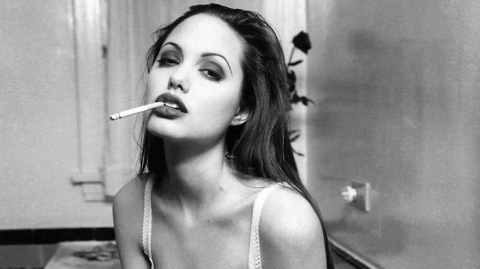 women celebrity Caucasian cigarettes Angelina Jolie actress white lingerie smoking