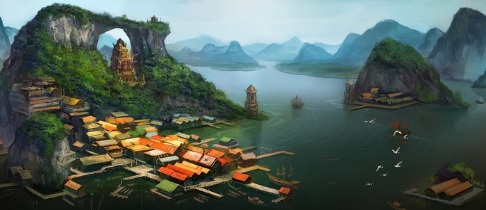 Fantasy island village with archway and temples