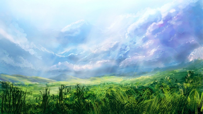 Artwork of a grassy field under a cloudy sky