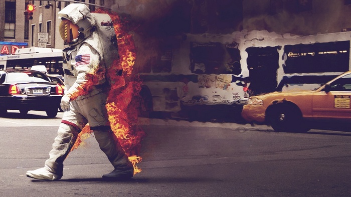 Astronaut on fire crossing a street in New York City