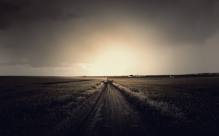 Dirt road through a field under a stormy sky