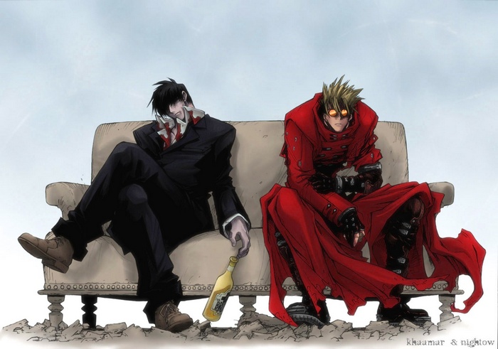 Vash the Stampede and Nicholas D. Wolfwood sitting on a couch