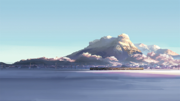 Anime train passes through a snowy landscape with mountains