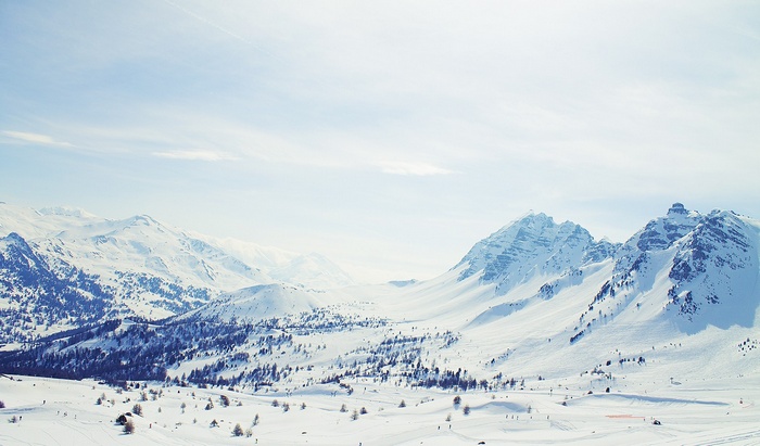 Snowy mountains and trees under a clear sky