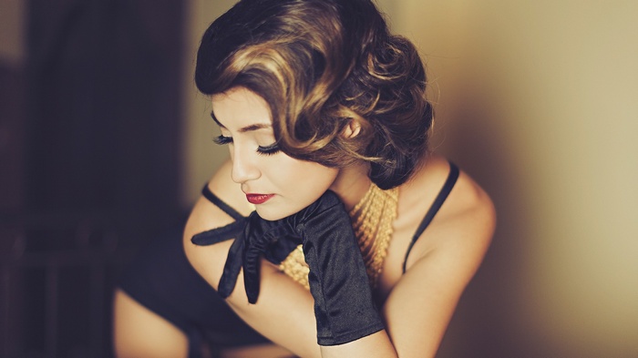 Woman with black gloves and red lipstick