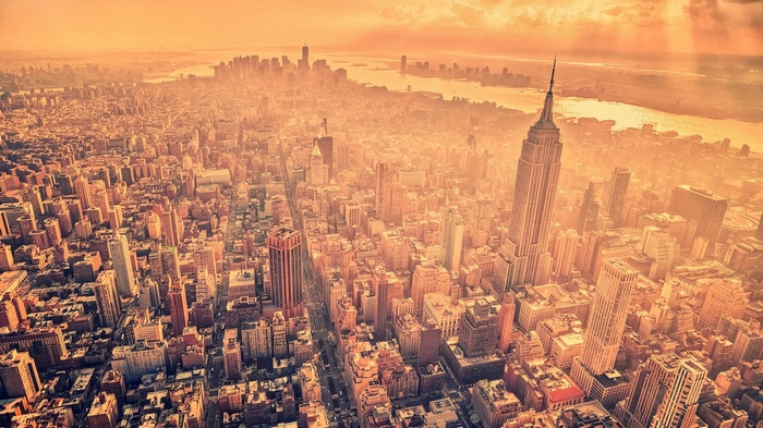 Aerial view of New York City skyline at sunset